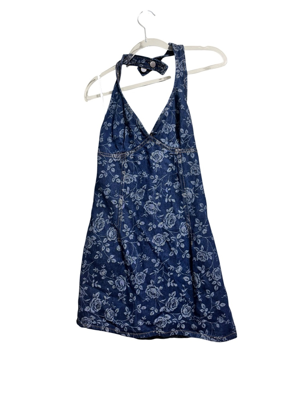Lulus Sz Sm Y2K Floral Denim Halter Mini Dress Open Back Coquette Fairy Grunge - Picture 5 of 7